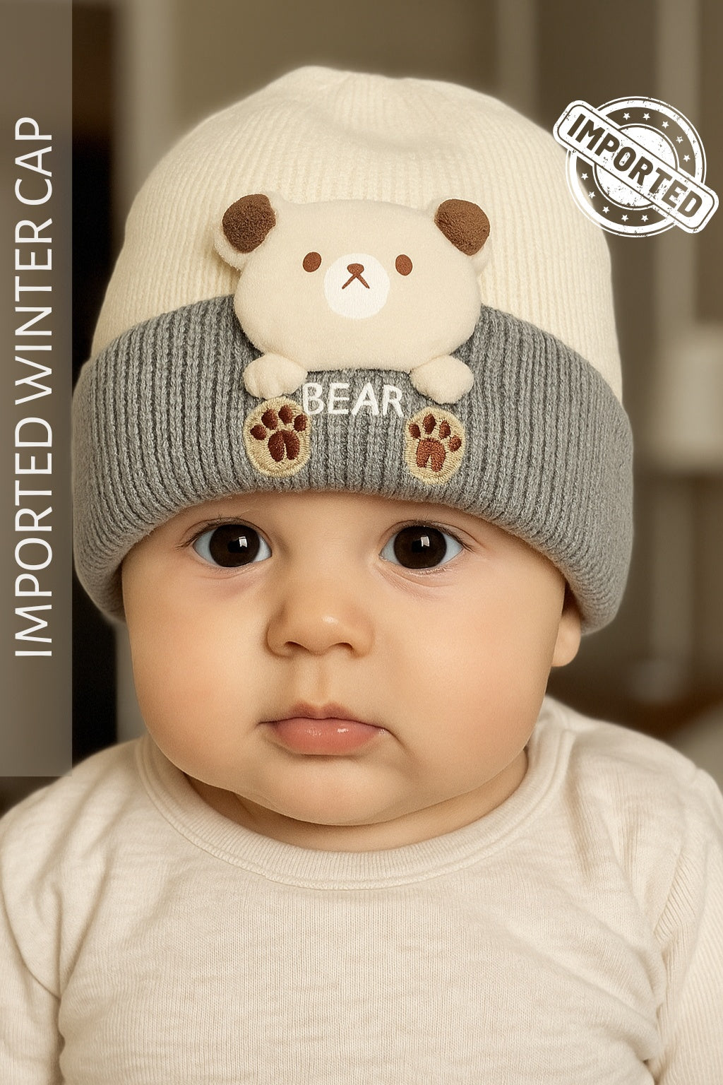 Imported BEAR Cap 0-9M GRAY - Winter Comforter