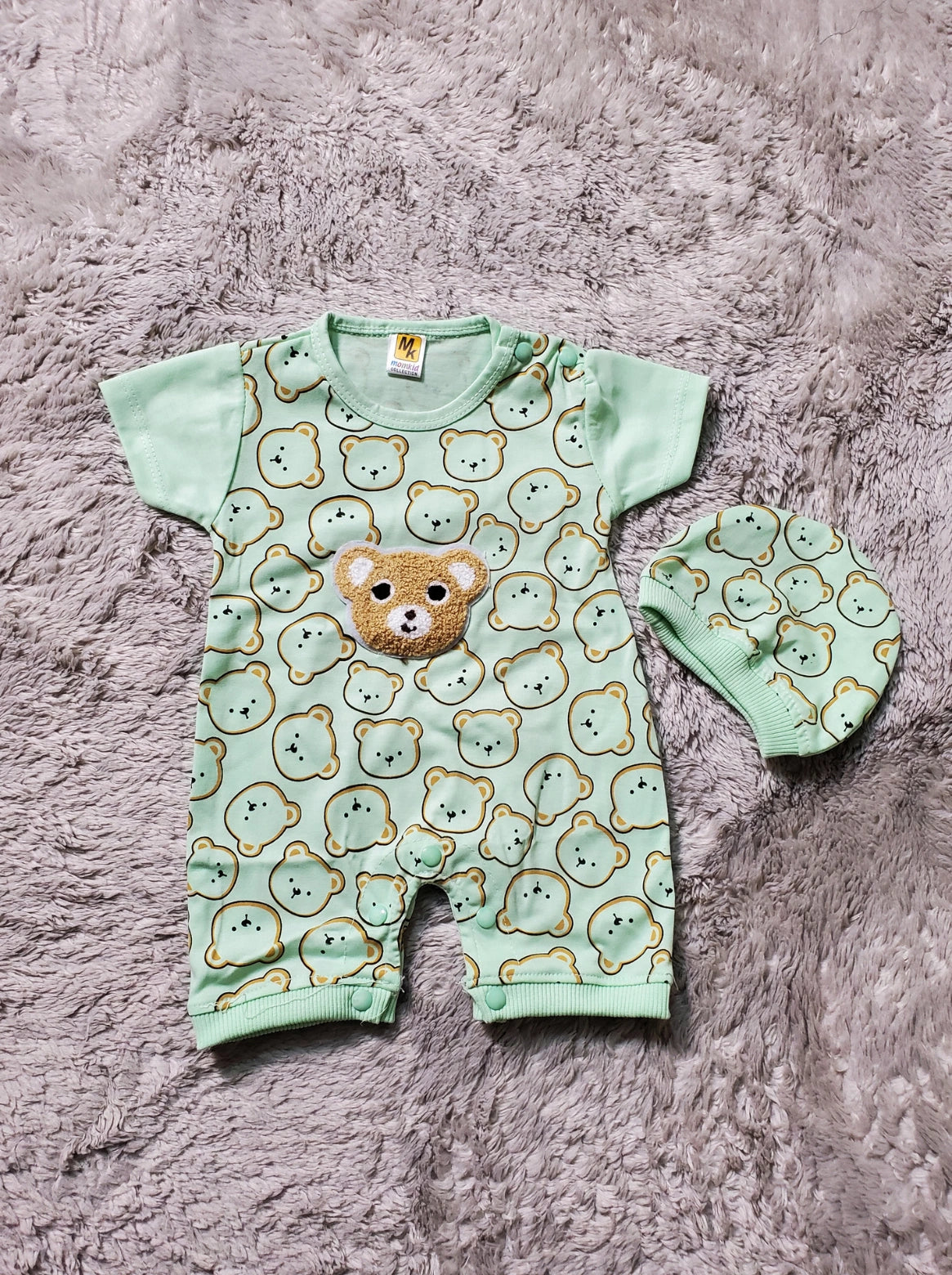 Cuddly Bear Romper & Cap Set GREEN - SUMMER FABRIC