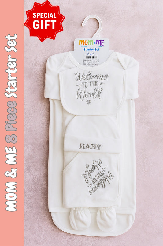 Mom & Me Welcome Gift Set 0-3M White Silver 8 Piece Set - Summer Fabric