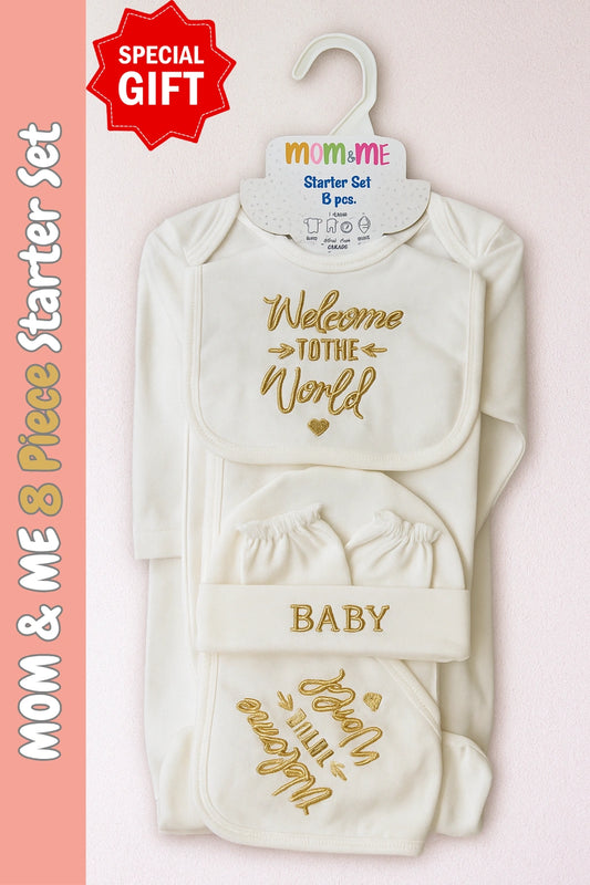 Mom & Me Welcome Gift Set 0-3M White Gold 8 Piece Set - Summer Fabric