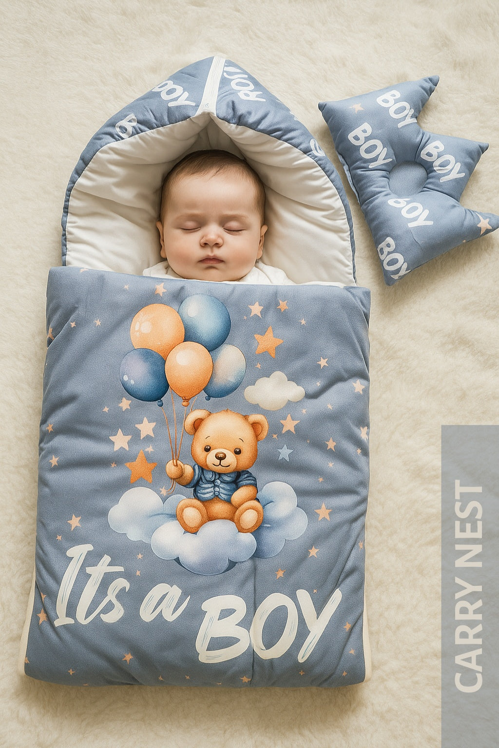 ITS A BOY GRAY Velvet CARRY NEST Set 0-6M