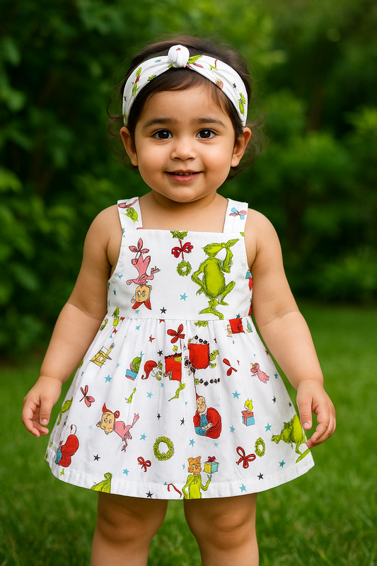 Grin Printed White Frock, shorts, headband