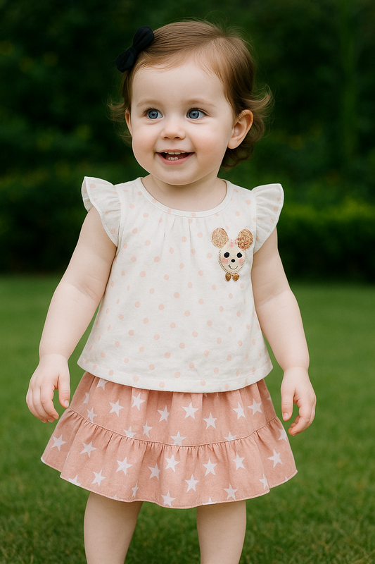 Jersey Net Dotted Pink Frock and Skirt