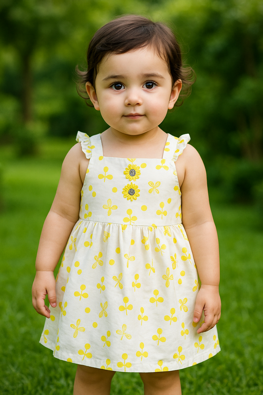 Yellow Flowered White Frock and Shorts