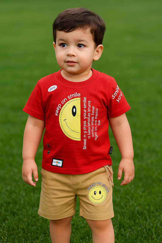 Keep on smile Camel Cotton Short + Red Shirt Set
