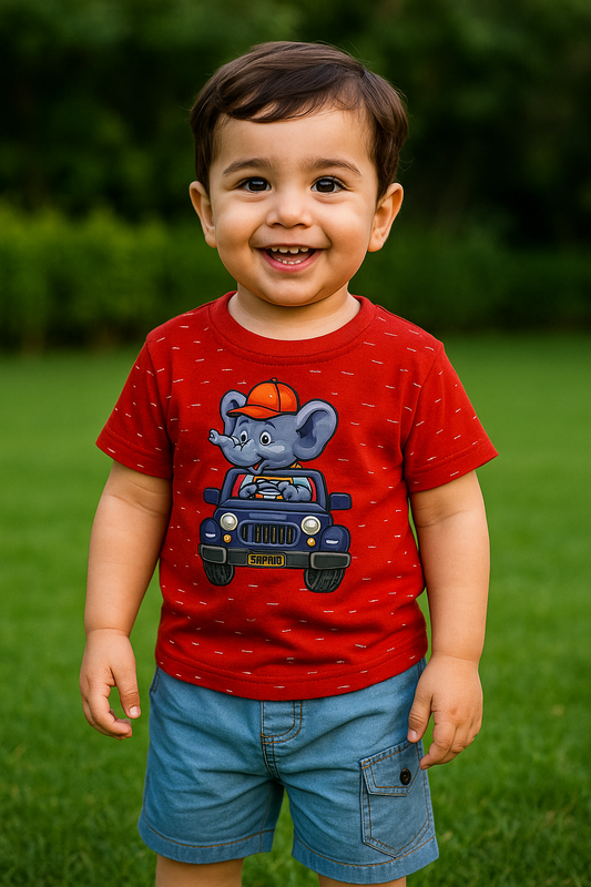Ele on Car Blue Cotton Short + Red Shirt Set